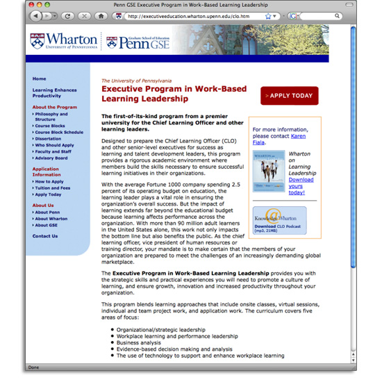 Website for Chief Learning Officer Program at the Wharton School