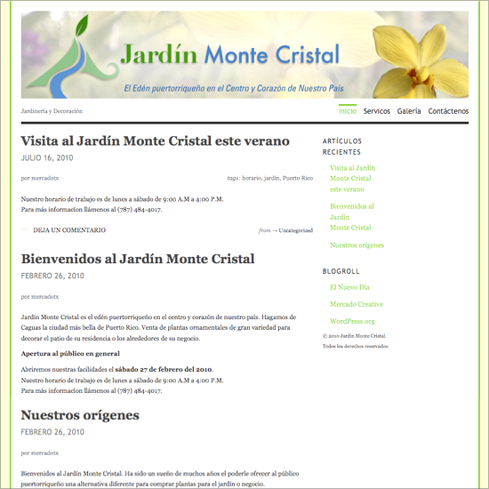 Website for Jardín Monte Cristal