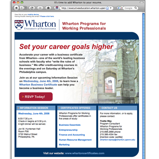 E-mail Marketing for Wharton Programs for Working Professionals